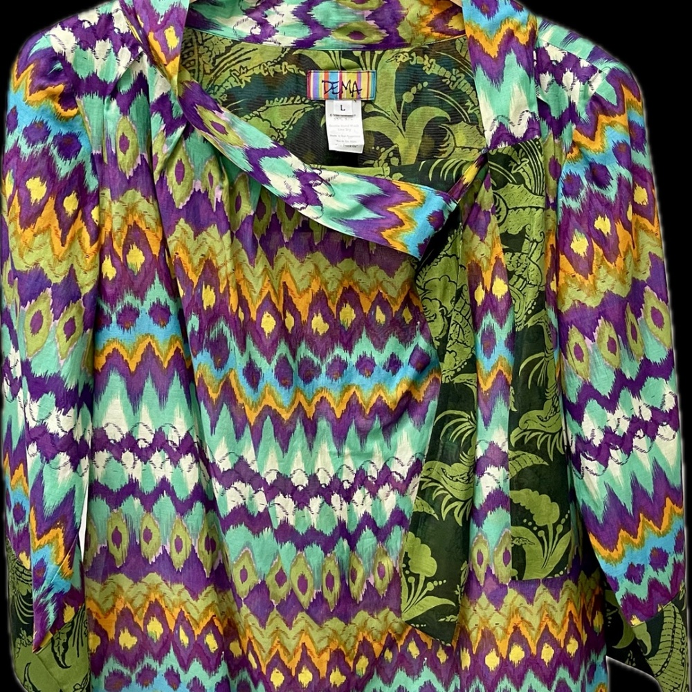Gorgeous DEMA (San Francisco) Cotton/Silk, ¾ Sleeve,  Jewel Print Top – Size L